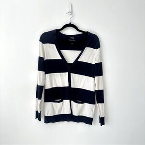 Tommy Hilfiger Navy and White Striped V-Neck Cardigan